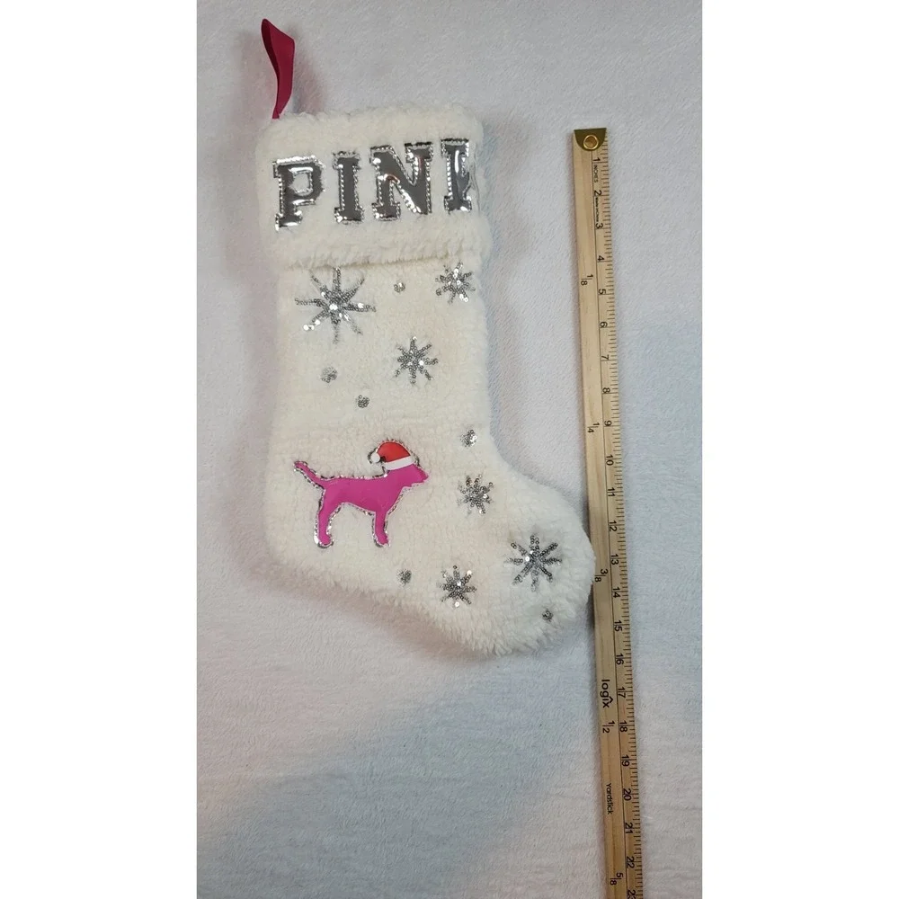 Victoria‎ Secrets PINK White Fleece Sequins Dog Christmas Stocking Pet
